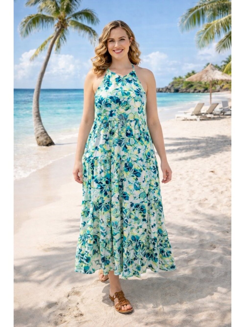 Torrid Maxi Wash Gauze Halter Tiered Dress Watercolor Floral Size 12 Lined 55" L